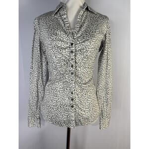 Y2K New York & Co Sz S Ruched Animal Print Gray White Button Up Top Office